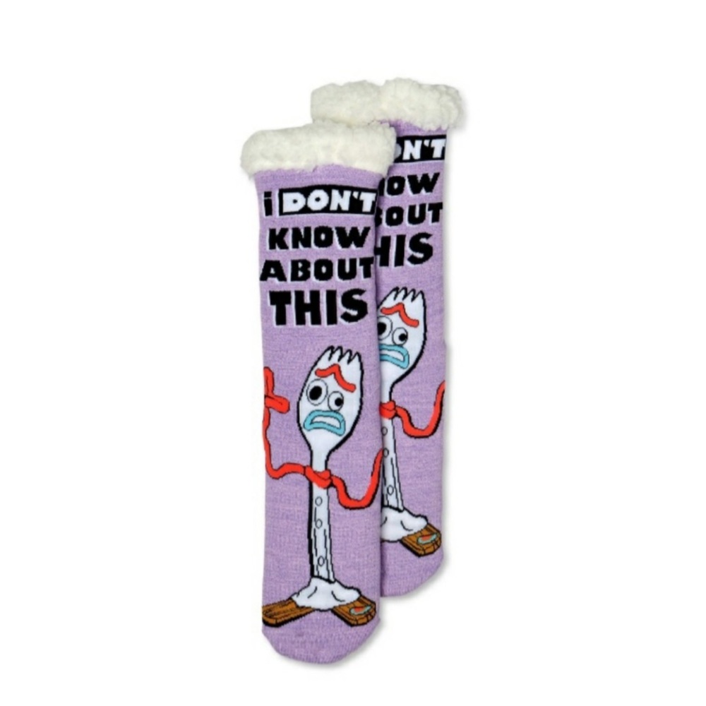 DISNEY TOY STORY FORKY SLIPPER SOCKS PLUSH SHERPA Purple SZ 8 FOOTSIE GRIP SOCKS